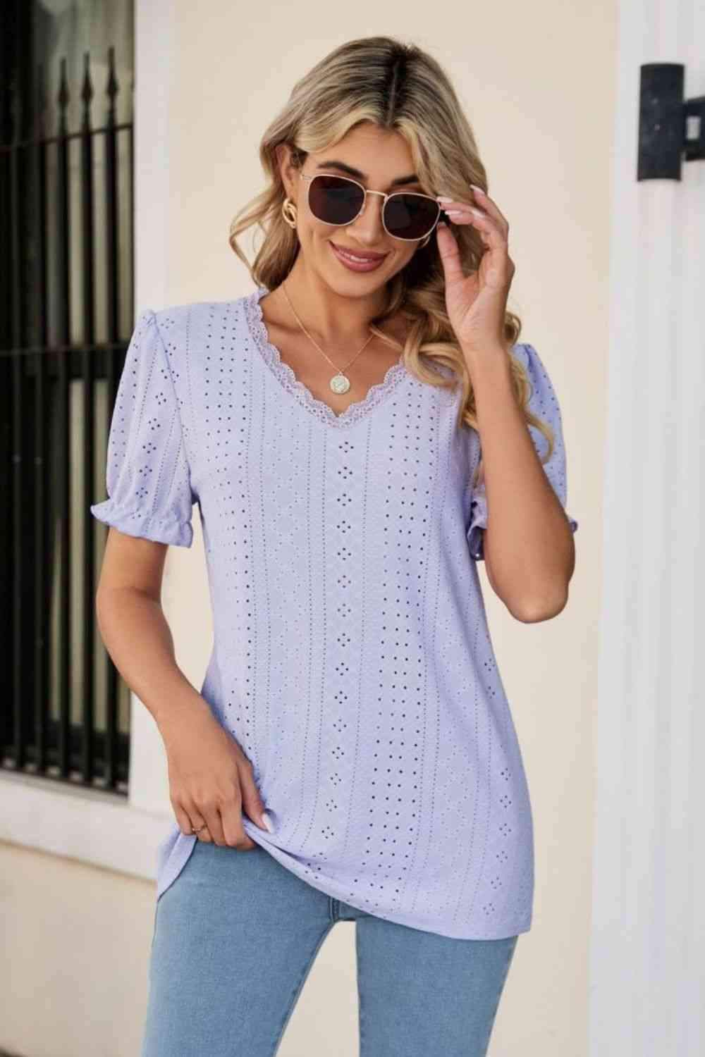 Eyelet Flounce Sleeve Scalloped V-Neck Top Lavender Blouses - Tophatter Daily Deals