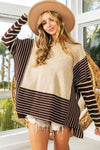 BiBi Striped Contrast Long Sleeve Slit Top Blouses - Tophatter Daily Deals