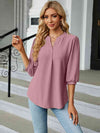 Notched Neck Three-Quarter Sleeve Blouse Women's T-Shirts - Tophatter Daily Deals