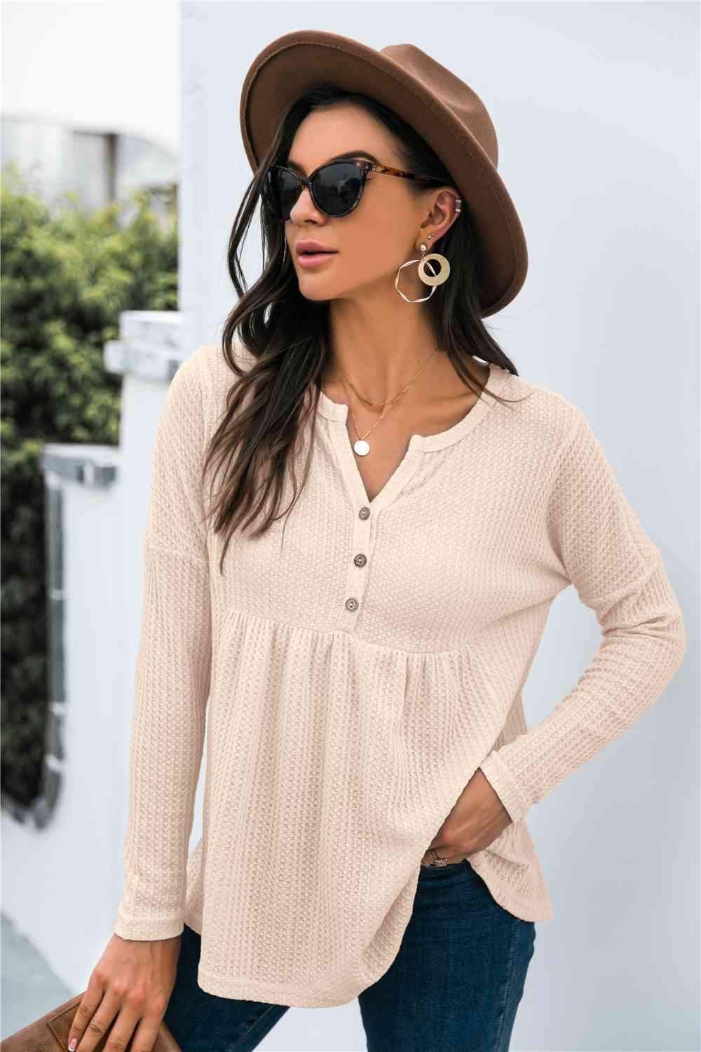 Button Front Waffle Knit Babydoll Top Blouses - Tophatter Daily Deals