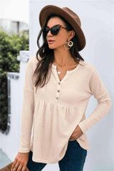 Button Front Waffle Knit Babydoll Top Blouses - Tophatter Daily Deals