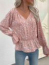 Printed Tie Neck Flounce Sleeve Peplum Top Light Mauve Blouses - Tophatter Daily Deals