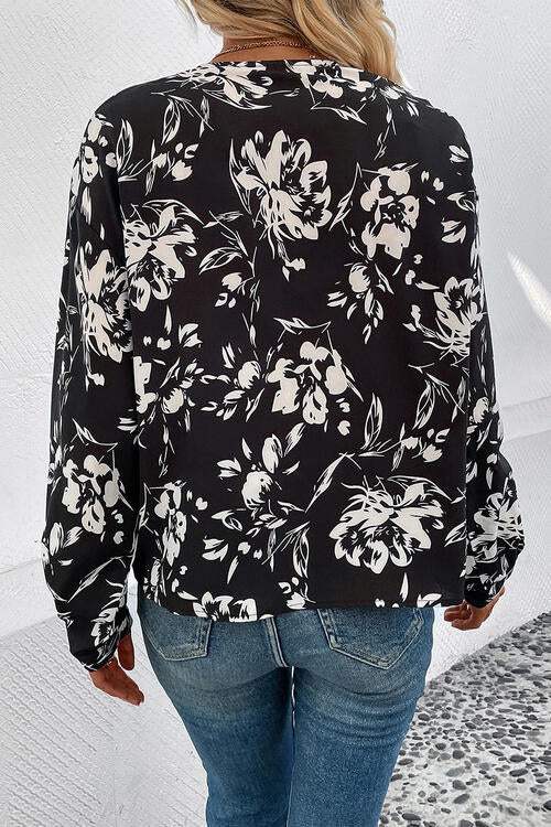 Floral Collared Neck Long Sleeve Top Blouses - Tophatter Daily Deals