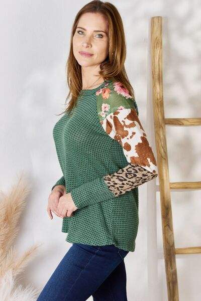 Hailey & Co Full Size Waffle-Knit Leopard Blouse Blouses - Tophatter Daily Deals