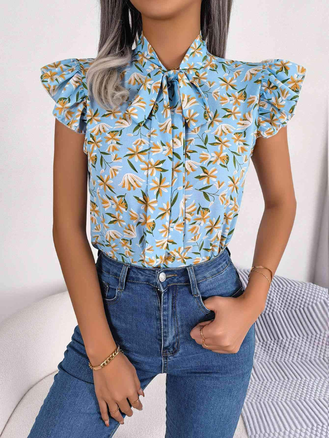 Floral Tie Neck Flutter Sleeve Blouse Blouses - Tophatter Daily Deals