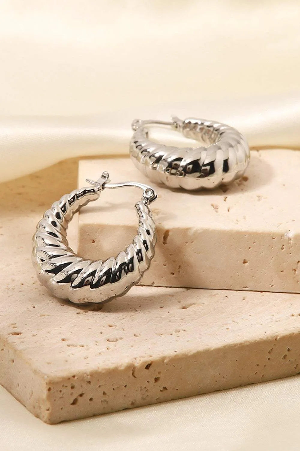 Textured Stainless Steel Hoop Earrings Earrings - Tophatter Daily Deals