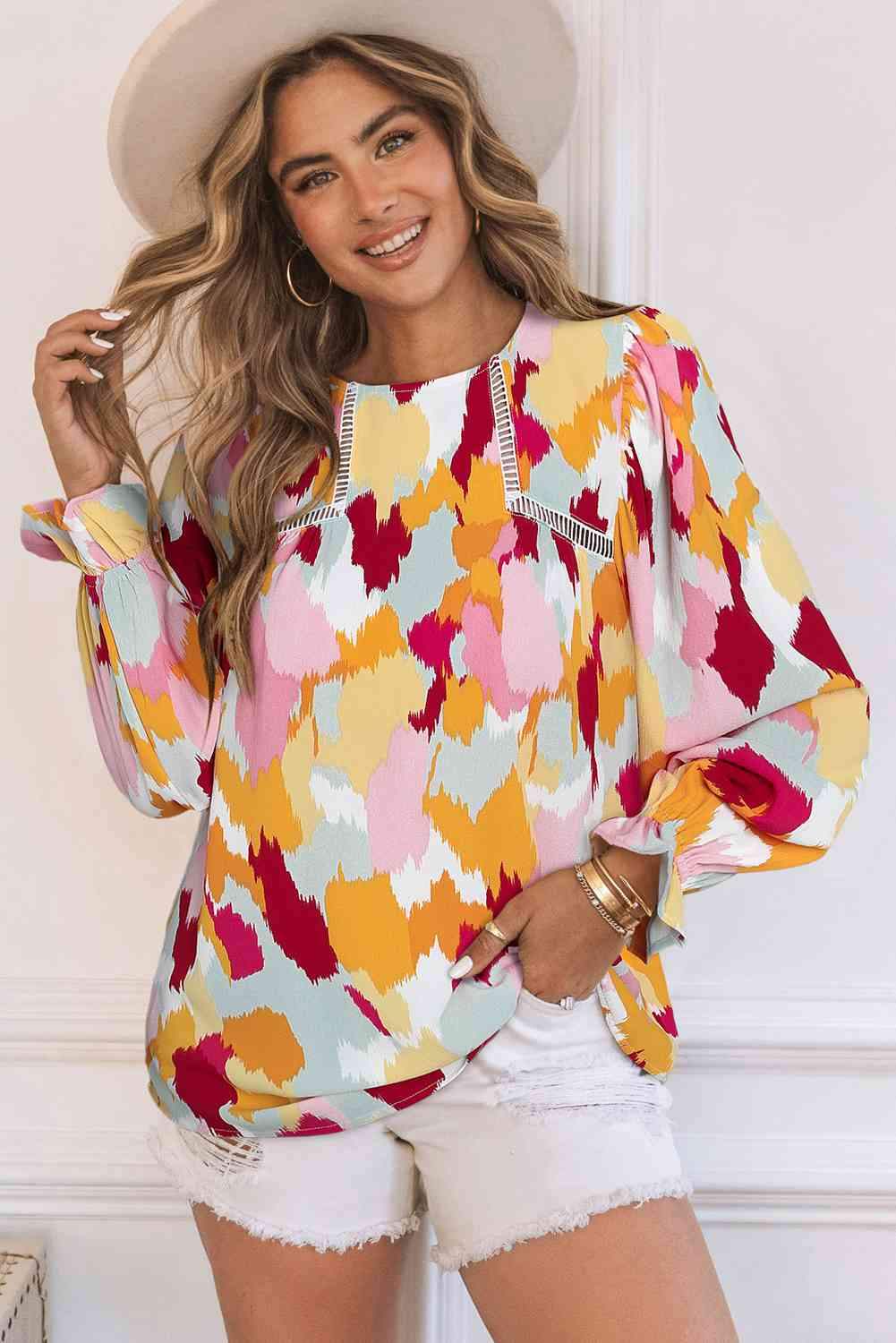 Printed Flounce Sleeve Buttoned Blouse Blouses - Tophatter Daily Deals