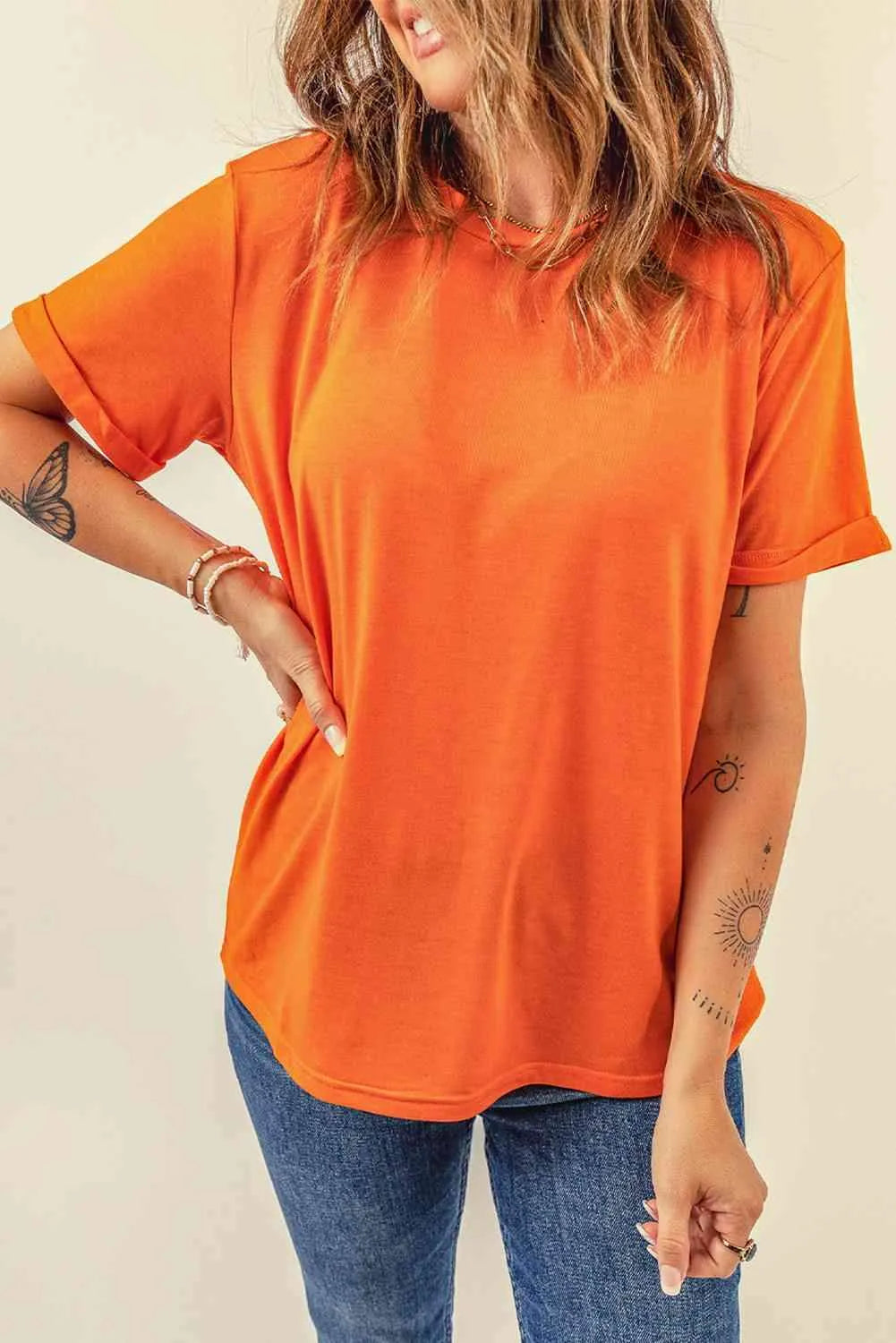 Round Neck Cuffed Short Sleeve Tee Pumpkin Women's T-Shirts - Tophatter Daily Deals