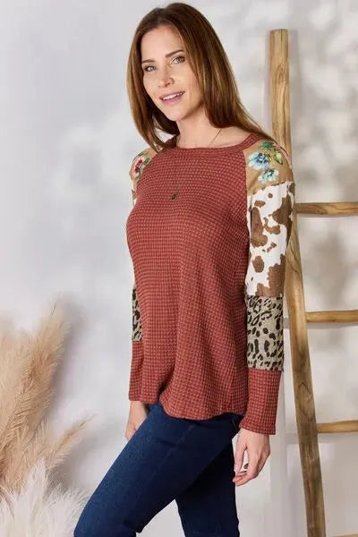 Hailey & Co Full Size Leopard Waffle-Knit Blouse Blouses - Tophatter Daily Deals