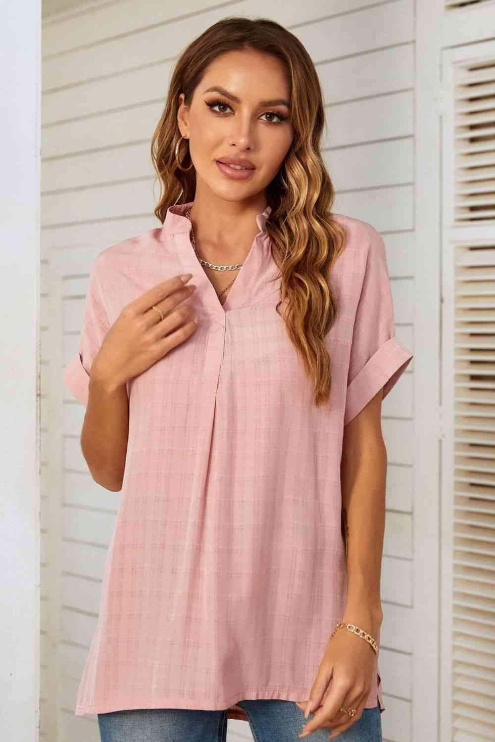 Notched Neck Slit Cuffed Blouse Blouses - Tophatter Daily Deals