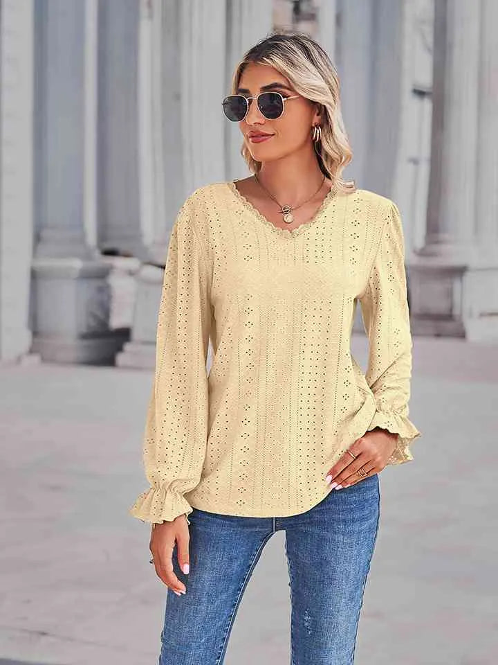 Eyelet V-Neck Flounce Sleeve Blouse Lemon Blouses - Tophatter Daily Deals