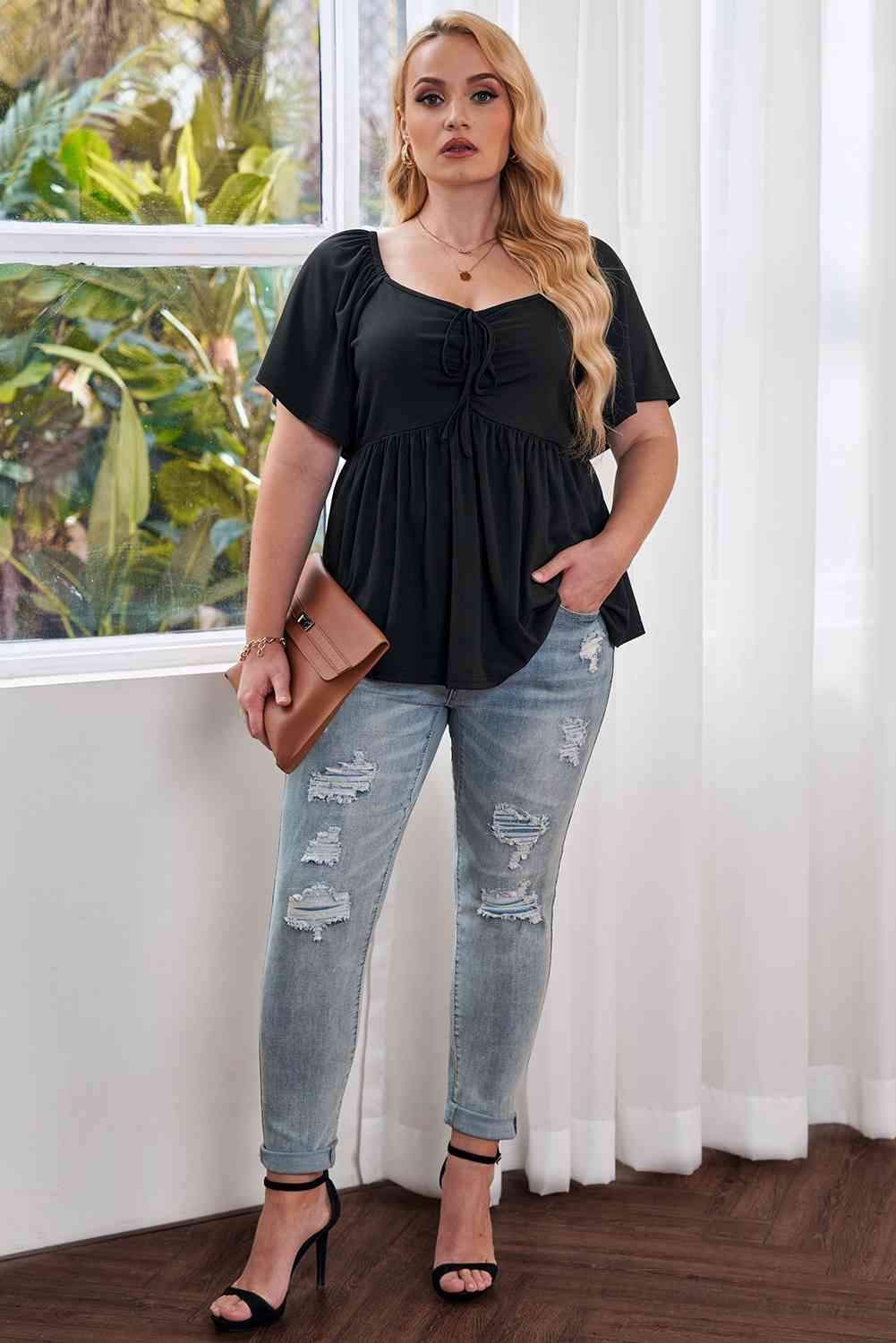 Plus Size Drawstring Sweetheart Neck Babydoll Blouse Blouses - Tophatter Daily Deals