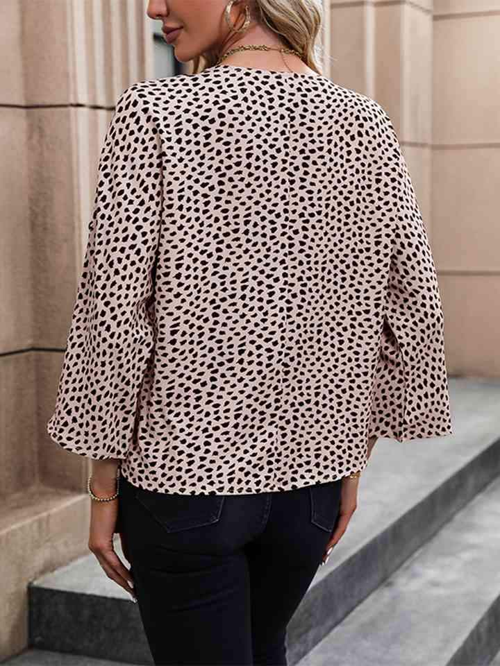 Printed V-Neck Roll-Tab Sleeve Blouse Blouses - Tophatter Daily Deals