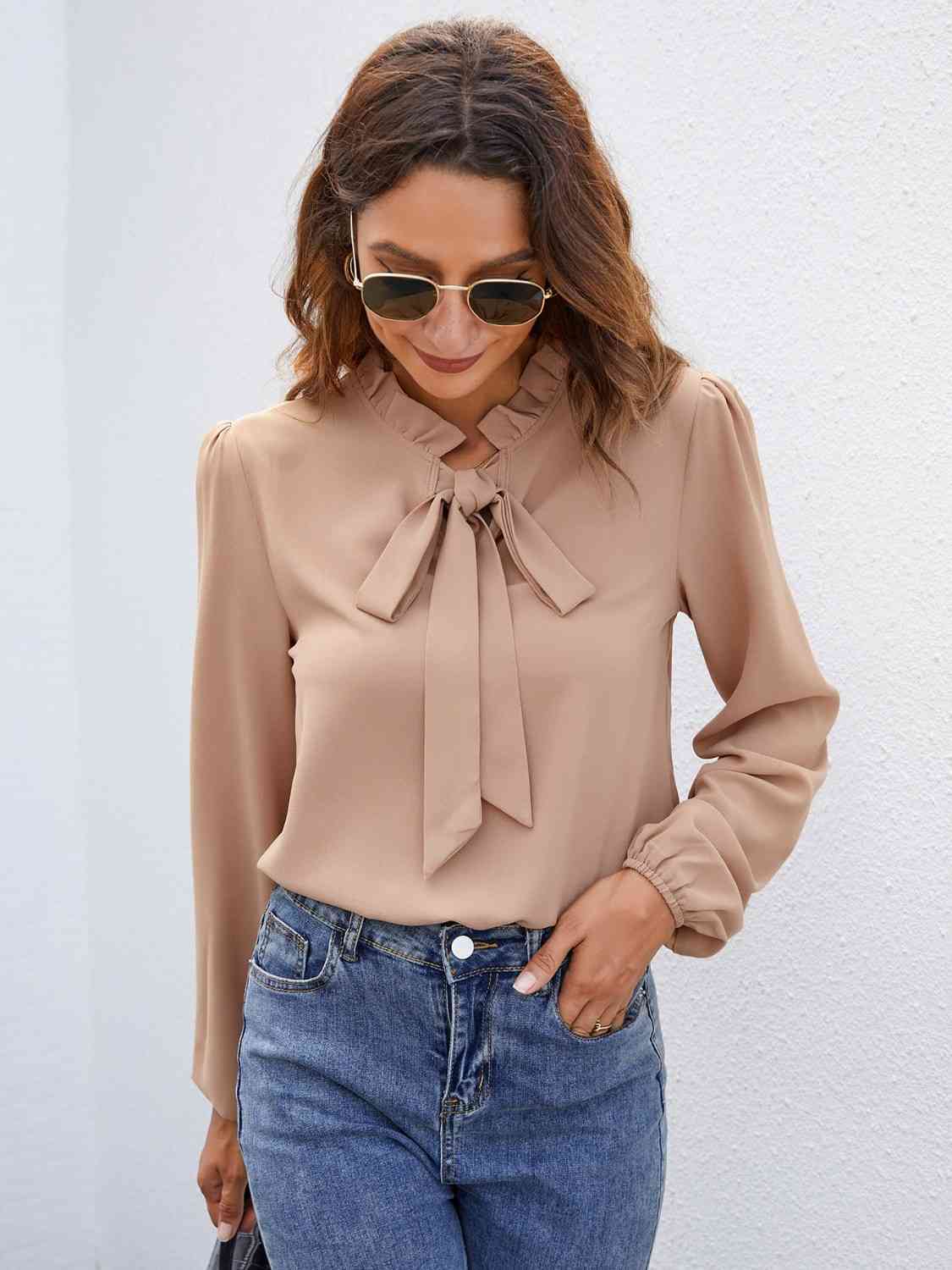 Tie Neck Puff Sleeve Blouse - Tophatter Deals