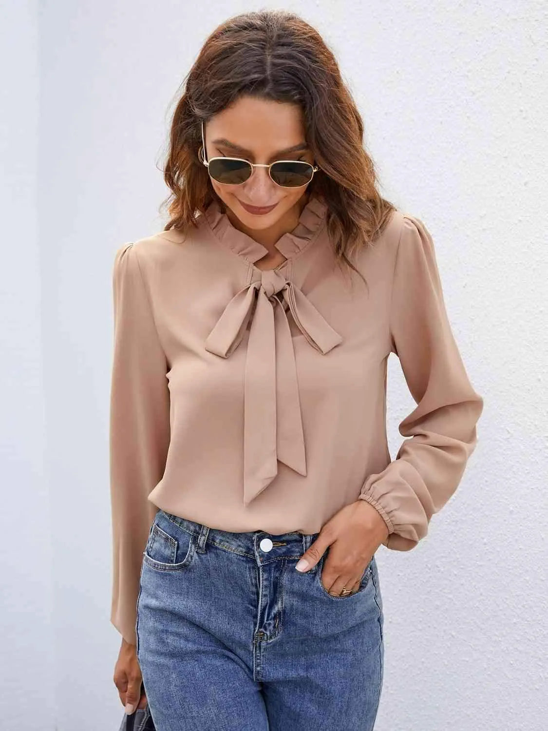 Tie Neck Puff Sleeve Blouse Blouses - Tophatter Daily Deals