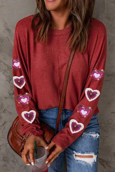 Heart Sequin Round Neck Long Sleeve T-Shirt Deep Red Women's T-Shirts - Tophatter Daily Deals