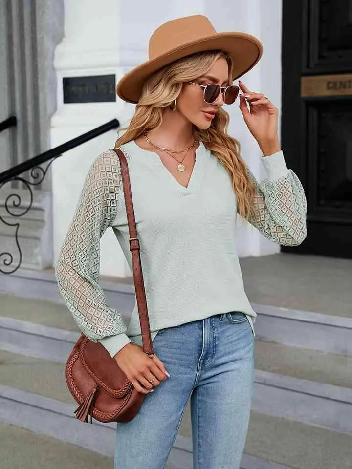 Notched Neck Raglan Sleeve Blouse Blouses - Tophatter Daily Deals