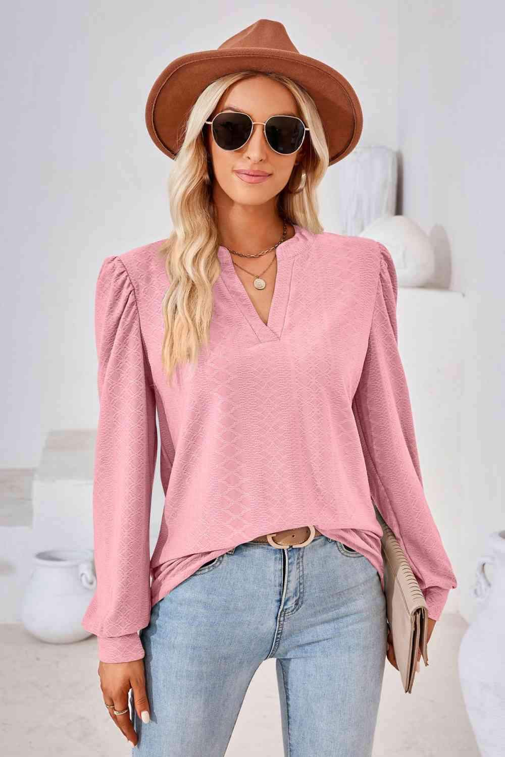 V-Neck Puff Sleeve Blouse Carnation Pink Blouses - Tophatter Daily Deals