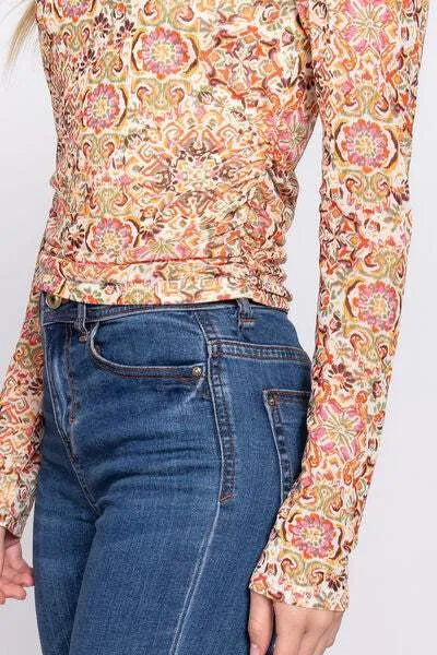 ACTIVE BASIC Ruched Printed Long Sleeve Top Blouses - Tophatter Daily Deals