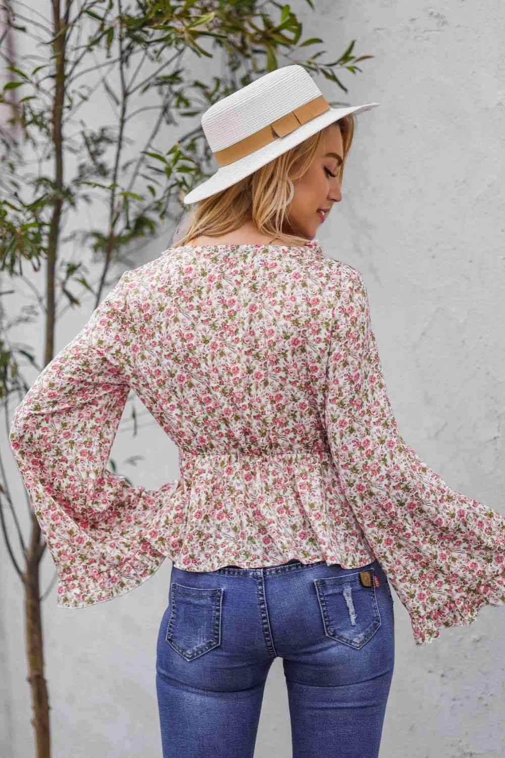 Floral Ruffled V-Neck Peplum Blouse Blouses - Tophatter Daily Deals