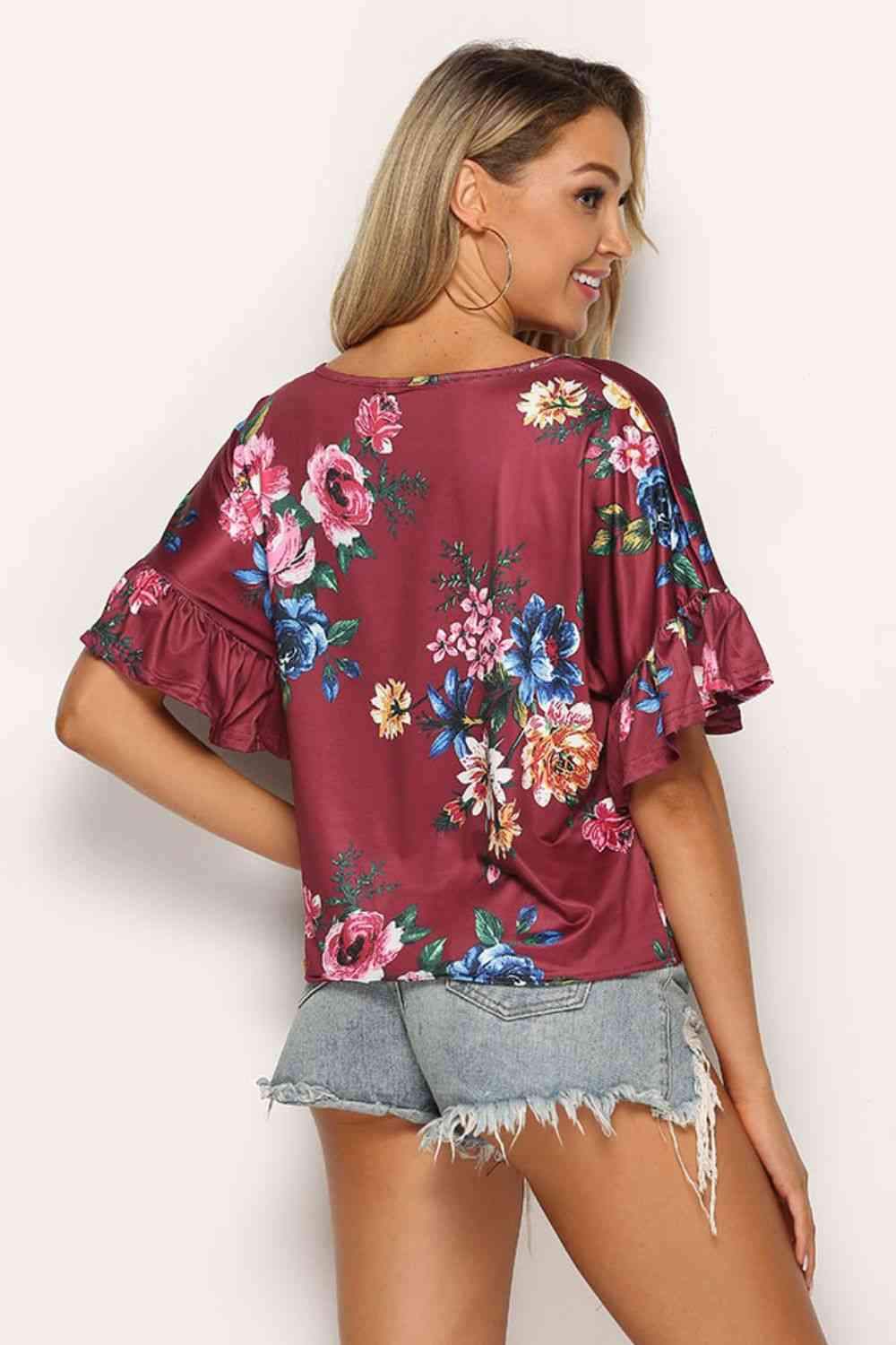 Floral Tie Hem Flounce Sleeve Top Blouses - Tophatter Daily Deals