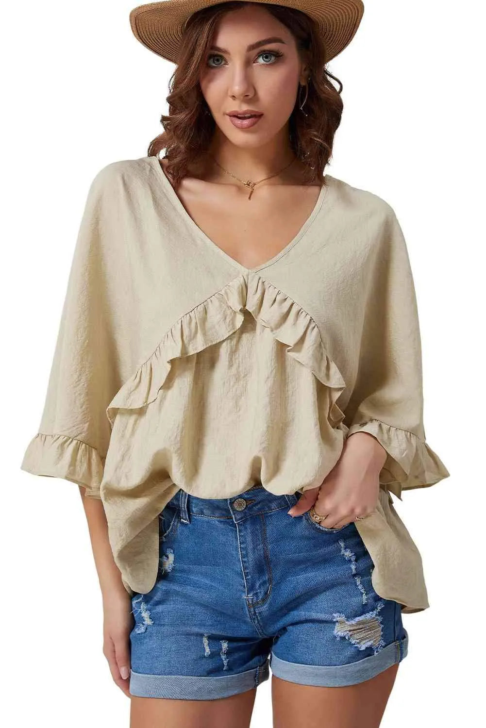 Double Take Ruffled V-Neck Half Sleeve Blouse Blouses - Tophatter Daily Deals