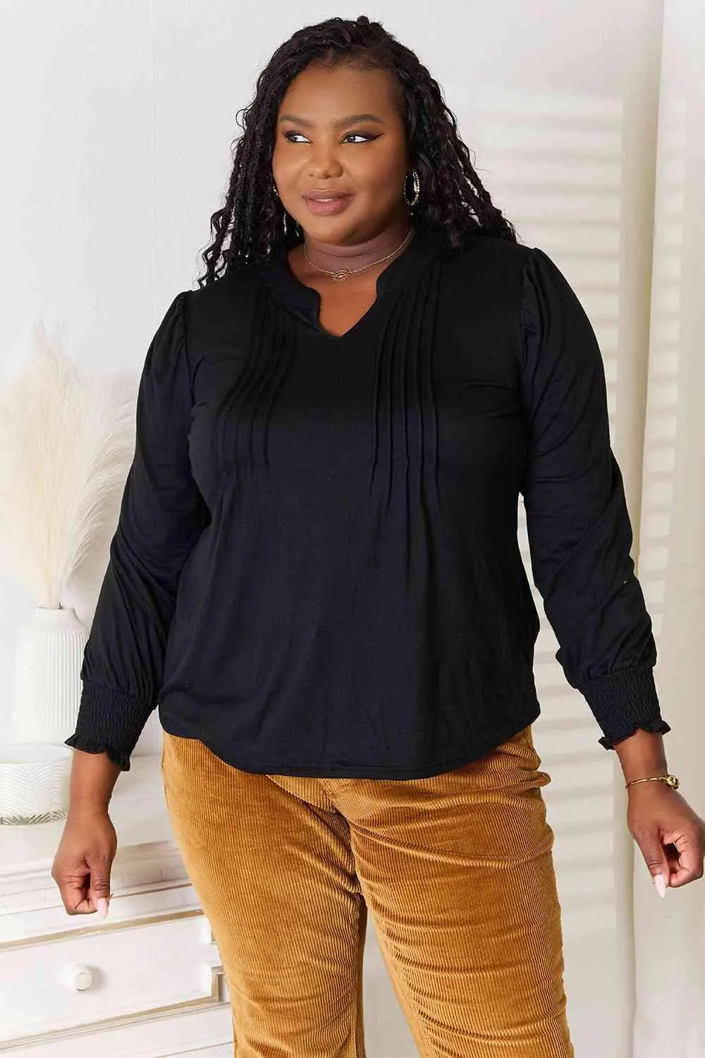 Double Take Ruched Notched Neck Puff Sleeve Blouse Blouses - Tophatter Daily Deals