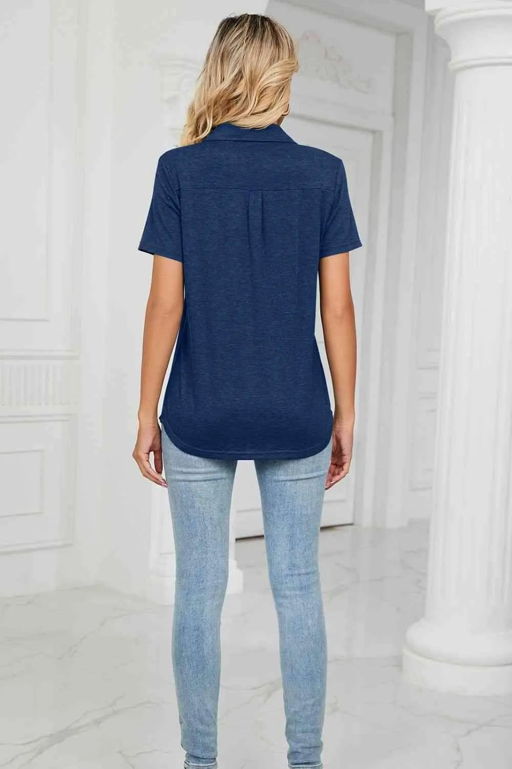 Curved Hem Johnny Collar Polo Shirt Blouses - Tophatter Daily Deals