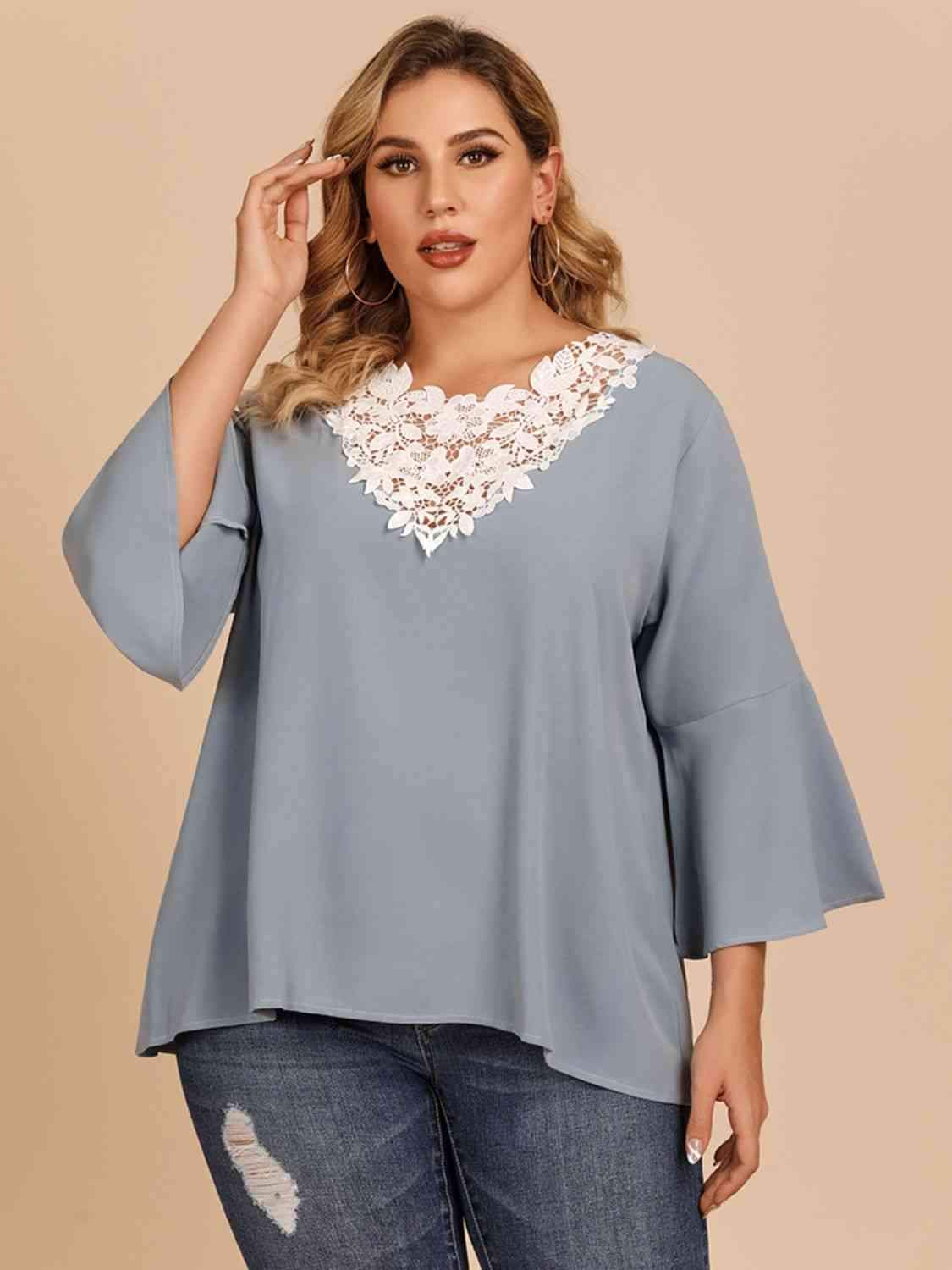 Plus Size Contrast Spliced Lace Three-Quarter Sleeve Blouse Cloudy Blue Blouses - Tophatter Daily Deals