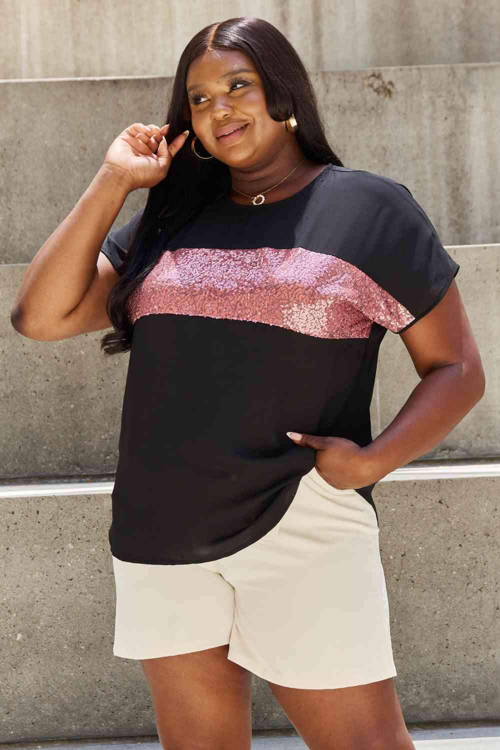 Sew In Love Shine Bright Full Size Center Mesh Sequin Top in Black/Mauve Black Mauve Women's T-Shirts - Tophatter Daily Deals