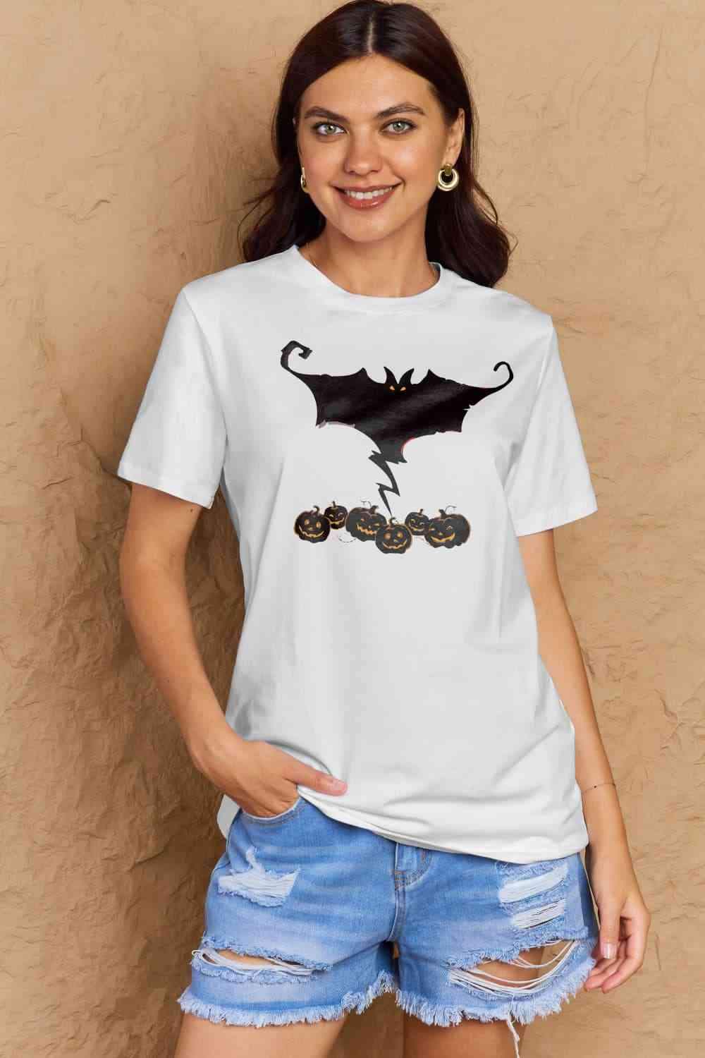 Simply Love Full Size Bat & Pumpkin Graphic Cotton T-Shirt Women's T-Shirts - Tophatter Daily Deals