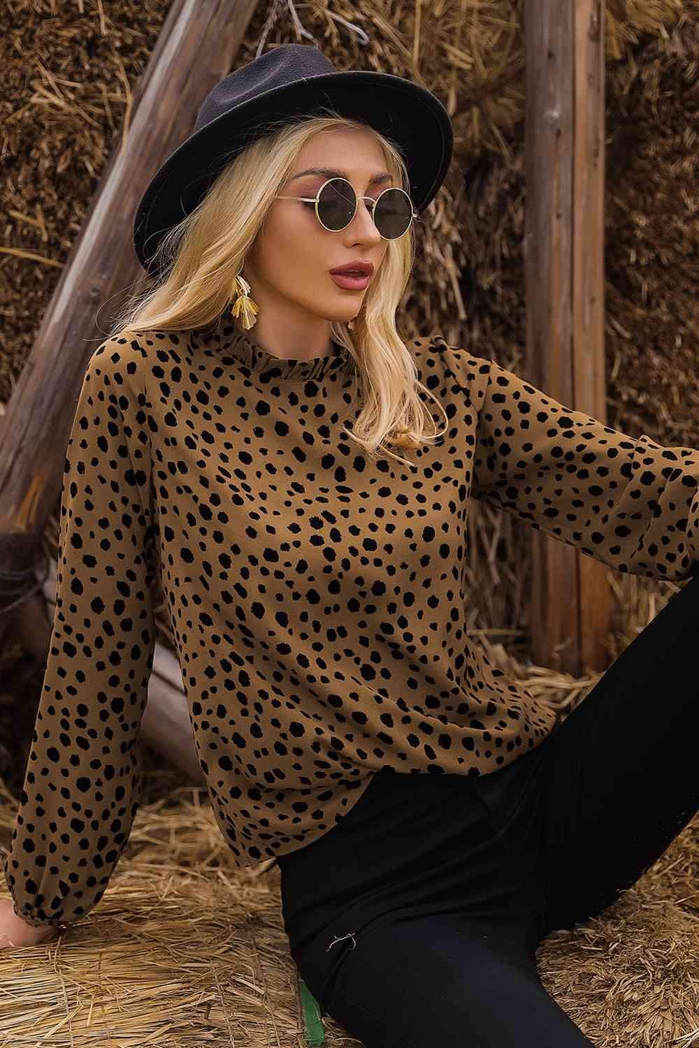 Printed Round Neck Long Sleeve Blouse Blouses - Tophatter Daily Deals