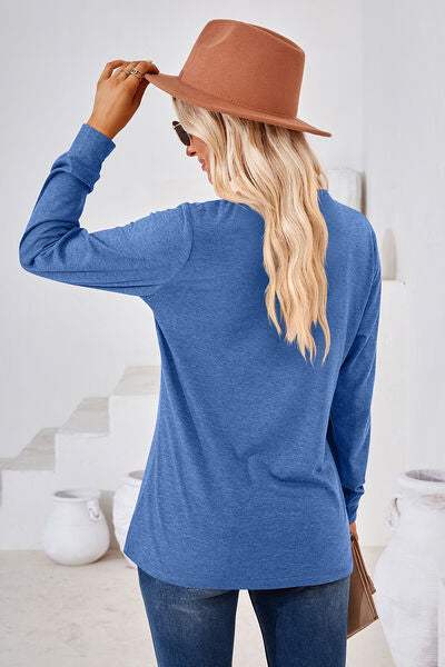 Notched Button Detail Long Sleeve T-Shirt Women's T-Shirts - Tophatter Daily Deals