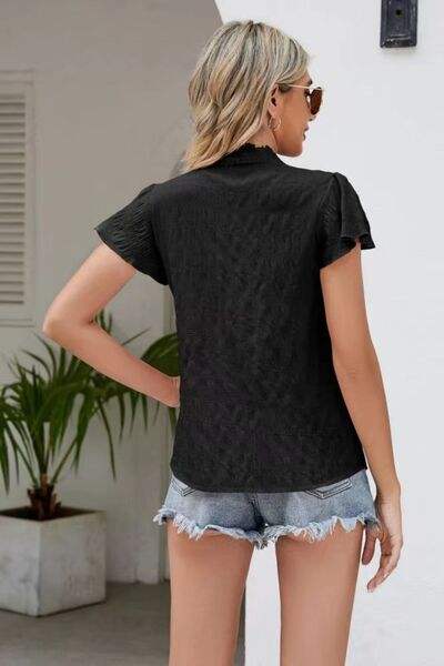 Ruffled V-Neck Button Up Cap Sleeve T-Shirt Women's T-Shirts - Tophatter Daily Deals