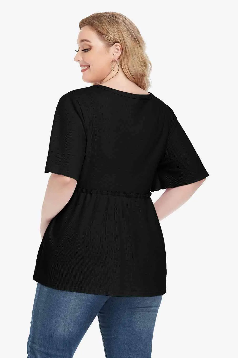 Plus Size Buttoned V-Neck Frill Trim Babydoll Blouse Blouses - Tophatter Daily Deals