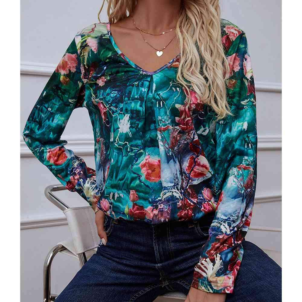 Printed V-Neck Long Sleeve Blouse Blouses - Tophatter Daily Deals