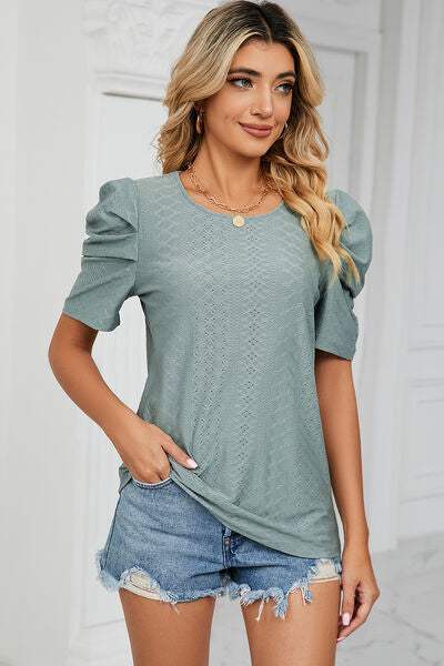 Eyelet Round Neck Puff Sleeve T-Shirt Gum Leaf Women's T-Shirts - Tophatter Daily Deals