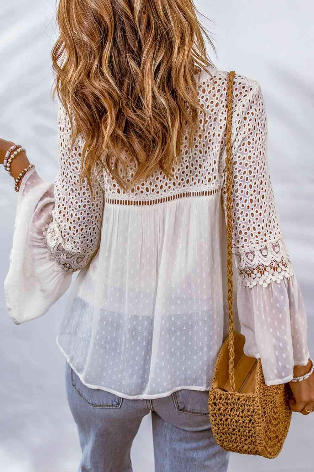 Eyelet Tassel Tie Flare Sleeve Blouse Blouses - Tophatter Daily Deals