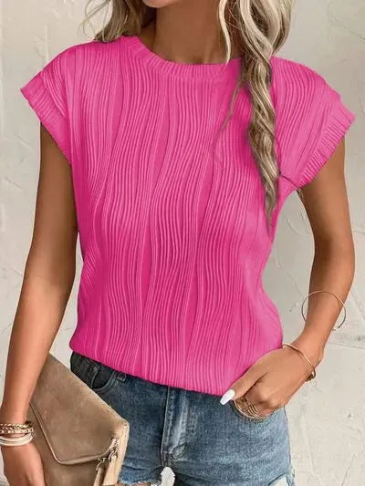 Textured Round Neck Cap Sleeve T-Shirt Hot Pink Women's T-Shirts - Tophatter Daily Deals