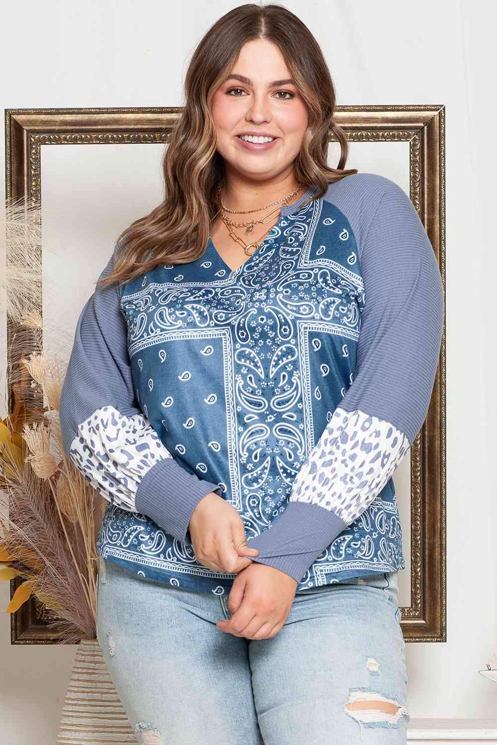 Plus Size V-Neck Printed Raglan Sleeve Blouse Blouses - Tophatter Daily Deals