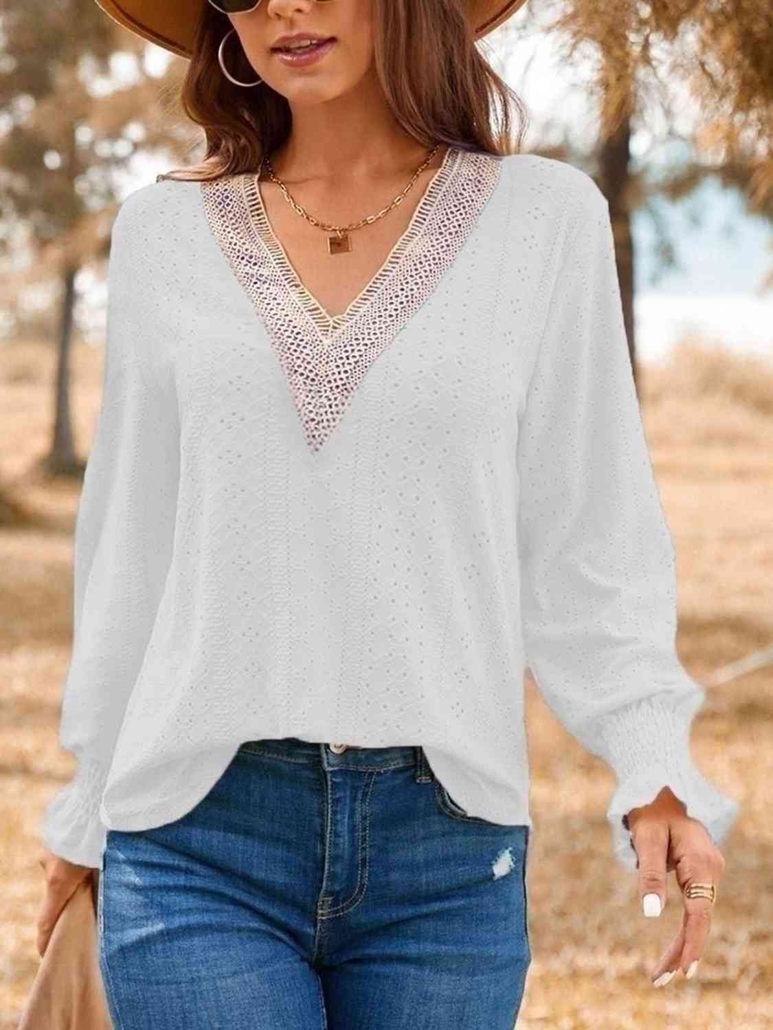 Eyelet V-Neck Flounce Sleeve Top - Tophatter Deals