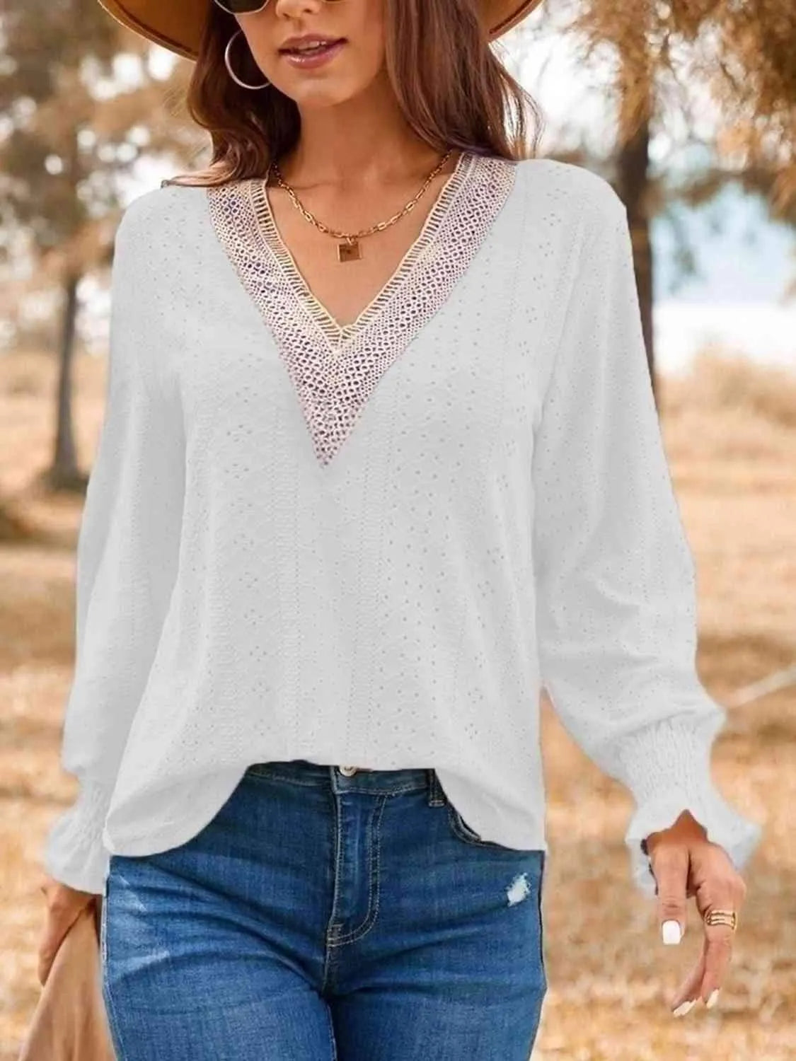 Eyelet V-Neck Flounce Sleeve Top Blouses - Tophatter Daily Deals