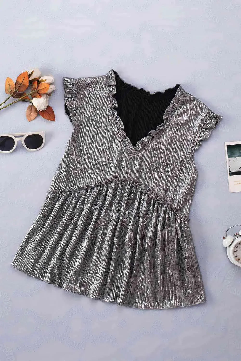Frill Trim V-Neck Metallic Blouse Charcoal Blouses - Tophatter Daily Deals