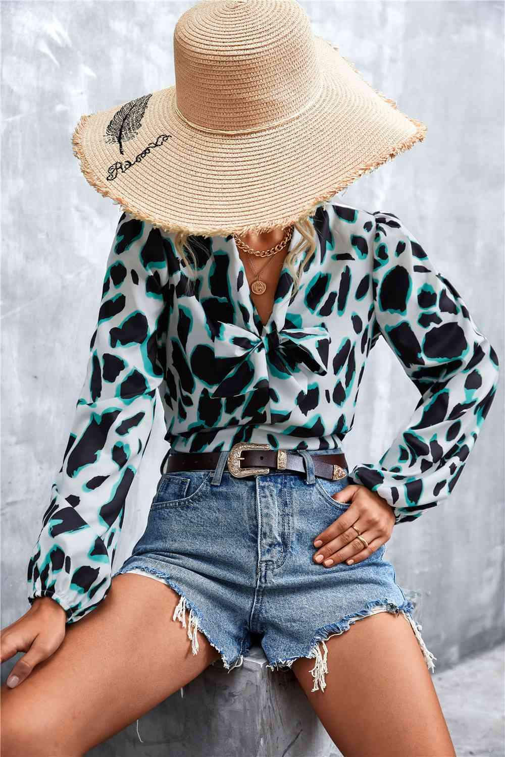 Printed Tie Neck Puff Sleeve Blouse Blouses - Tophatter Daily Deals