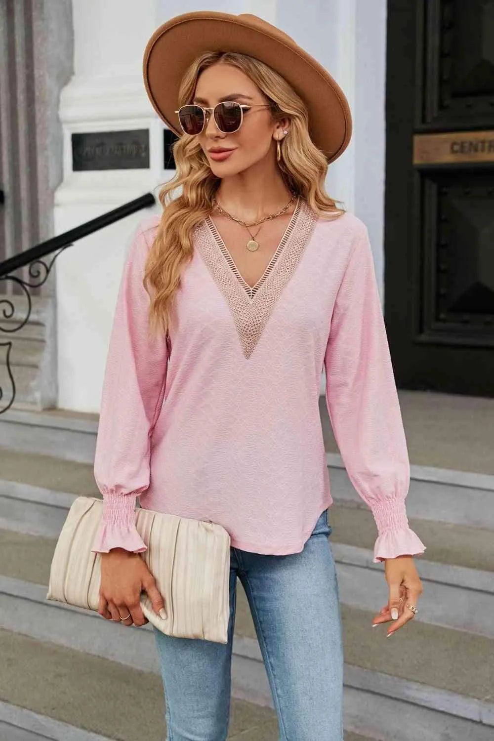 V-Neck Flounce Sleeve Blouse Blush Pink Blouses - Tophatter Daily Deals
