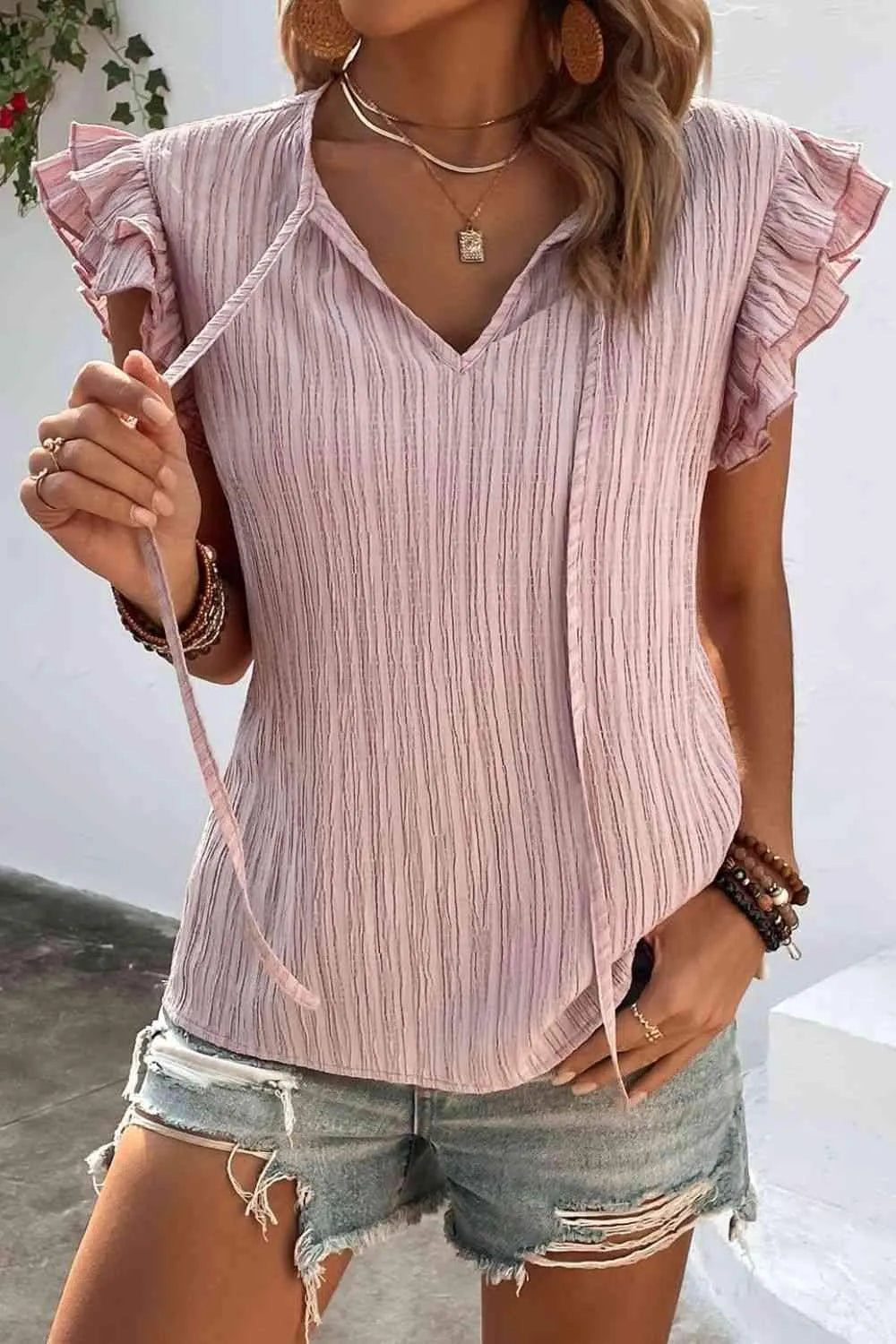 Textured Tie Neck Butterfly Sleeve Blouse Light Mauve Blouses - Tophatter Daily Deals