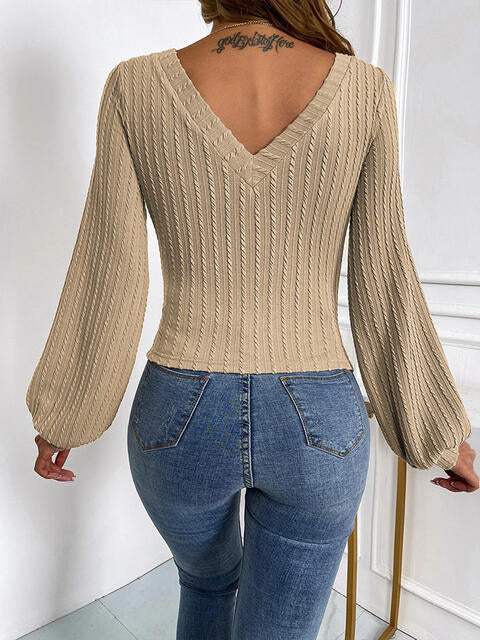 Ribbed V-Neck Lantern Sleeve Top Blouses - Tophatter Daily Deals