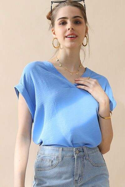 Ninexis V-Neck Trim Rolled Short Sleeve Shirt Blouses - Tophatter Daily Deals