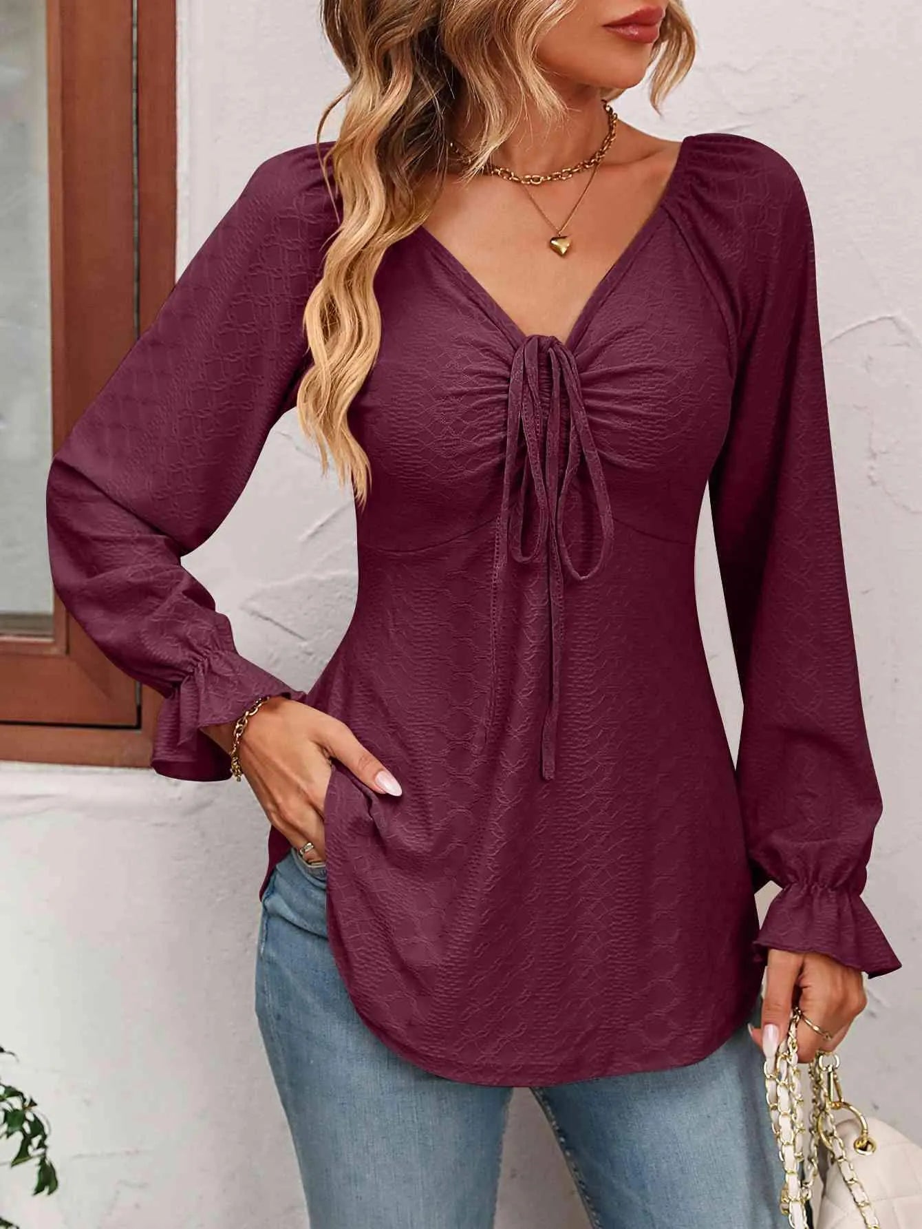 Tie Front V-Neck Puff Sleeve Blouse Wine Blouses - Tophatter Daily Deals