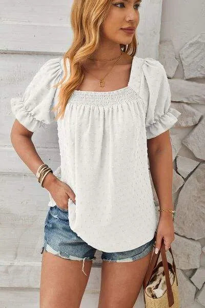 Swiss Dot Smocked Square Neck Short Sleeve T-Shirt White Women's T-Shirts - Tophatter Daily Deals
